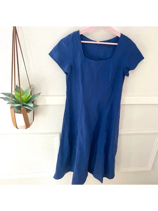 Uniqlo Linen Blend Square Neck Short Sleeve Dress Size S Blue - Picture 2 of 6